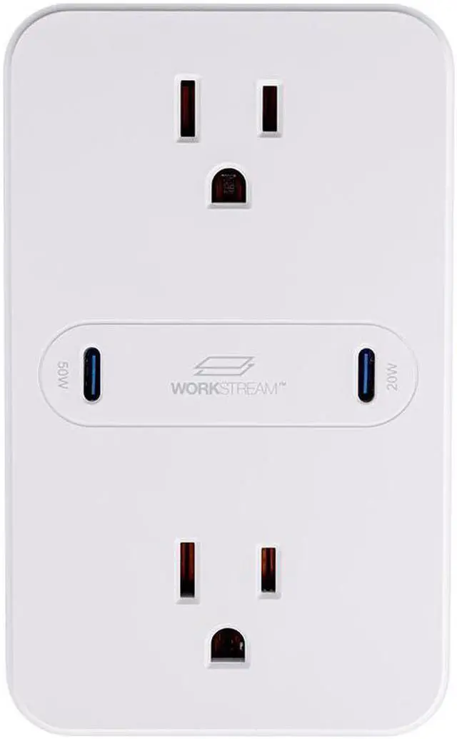 Alt view image 2 of 6 - Monoprice 2-Outlet Wall Tap Power Strip with USB-C PD 50W + 20W Power Delivery, Wall Mountable, For Laptops and Mobile Phones - Workstream Collection