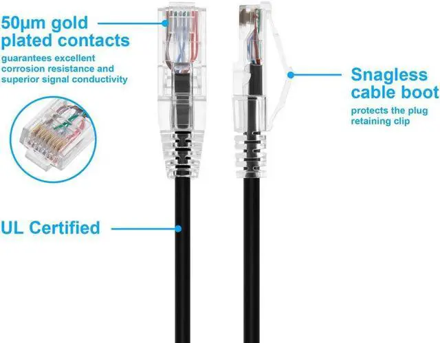 Alt view image 3 of 18 - Monoprice Cat6 Ethernet Patch Cable - 1 Feet - Black | Network Internet Cord - Snagless RJ45 Stranded 550MHz UTP CMR Riser Rated Pure Bare Copper Wire 28AWG - SlimRun Series