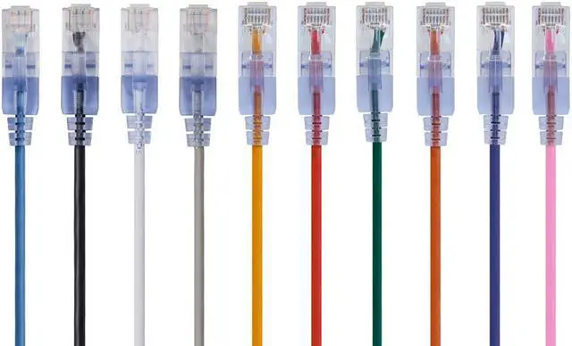 Main image of Monoprice SlimRun Cat6A Ethernet Patch Cable - Network Internet Cord - RJ45, Stranded, UTP, Pure Bare Copper Wire, 30AWG, 14ft, 10-Color, 10-Pack