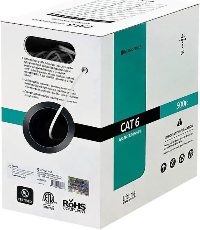 Alt view image 2 of 7 - Monoprice Cat6 Plenum Bulk Cable - 500 Feet - White | UL, Solid, 550MHz, UTP, CMP, Bare Copper, 10G, 23AWG, (TAA)