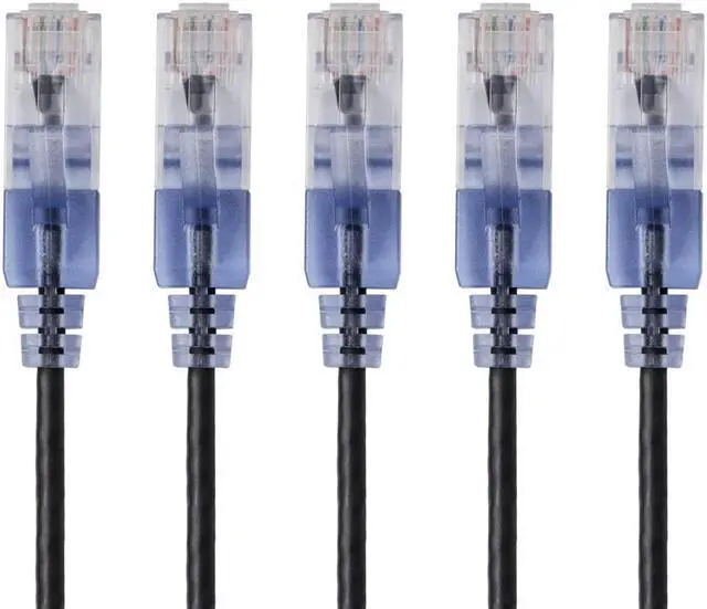 Main image of Monoprice SlimRun Cat6A Ethernet Patch Cable - Network Internet Cord - RJ45, Stranded, UTP, Pure Bare Copper Wire, 30AWG, 6in, Black, 5-Pack