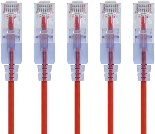 Main image of Monoprice SlimRun Cat6A Ethernet Patch Cable - Network Internet Cord - RJ45, Stranded, UTP, Pure Bare Copper Wire, 30AWG, 2ft, Red, 5-Pack