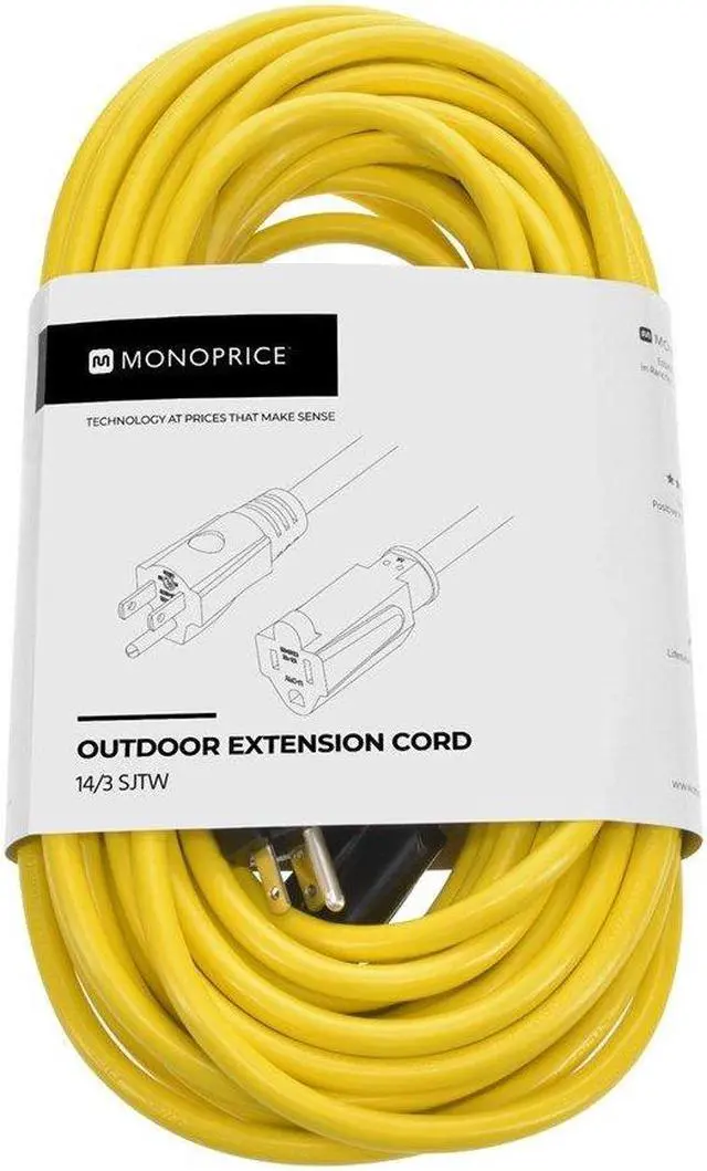 Alt view image 6 of 7 - Monoprice Outdoor Extension Cord - 50 Feet - Yellow | NEMA 5-15P to NEMA 5-15R, 14AWG, 15A, SJTW, For Computers, Monitors, Scanners, Printers