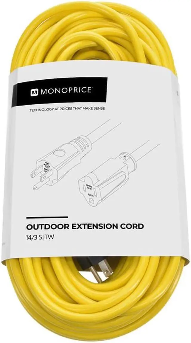 Alt view image 6 of 7 - Monoprice Outdoor Extension Cord - 100 Feet - Yellow | NEMA 5-15P to NEMA 5-15R, 14AWG, 15A, SJTW, For Computers, Monitors, Scanners, Printers