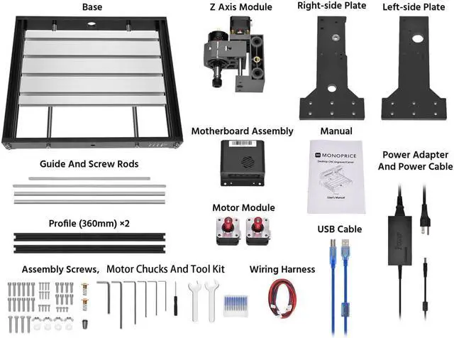 Alt view image 6 of 6 - Monoprice Benchtop CNC Router Kit, 3 Axis Engraving and Milling, Engrave or Mill Raw Materials Such As Soft Metals, Wood, Plastic, Acrylic, PVC and PCB to Create Crafted Products