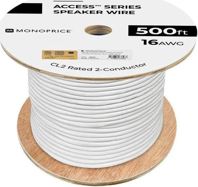 Alt view image 5 of 15 - Monoprice Access Series 16 Gauge AWG CL2 Rated 2 Conductor Speaker Wire / Cable - 500ft Fire Safety In Wall Rated, Jacketed In White PVC Material 99.9% Oxygen-Free Pure Bare Copper