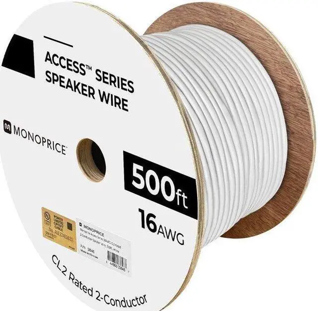 Alt view image 7 of 15 - Monoprice Access Series 16 Gauge AWG CL2 Rated 2 Conductor Speaker Wire / Cable - 500ft Fire Safety In Wall Rated, Jacketed In White PVC Material 99.9% Oxygen-Free Pure Bare Copper