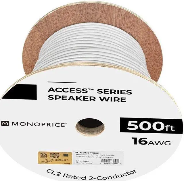 Alt view image 8 of 15 - Monoprice Access Series 16 Gauge AWG CL2 Rated 2 Conductor Speaker Wire / Cable - 500ft Fire Safety In Wall Rated, Jacketed In White PVC Material 99.9% Oxygen-Free Pure Bare Copper