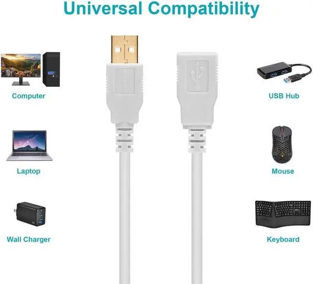 Alt view image 5 of 6 - Monoprice USB 2.0 Extension Cable - 1.5 Feet - White | USB Type-A to USB Type-A Female, 28/24AWG, Gold Plated