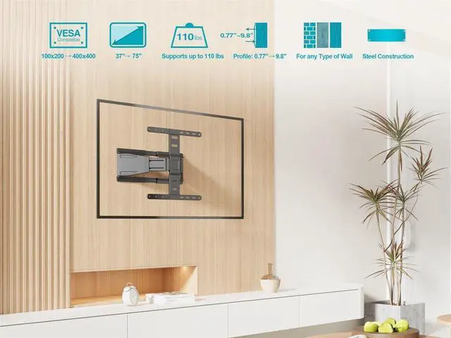 Alt view image 6 of 11 - Monoprice Ultra Low-Profile Full Motion TV Wall Mount For 40" To 75" TVs up to 110lbs, Max VESA 400x400, Works with Concrete, Brick, and Wooden Studs