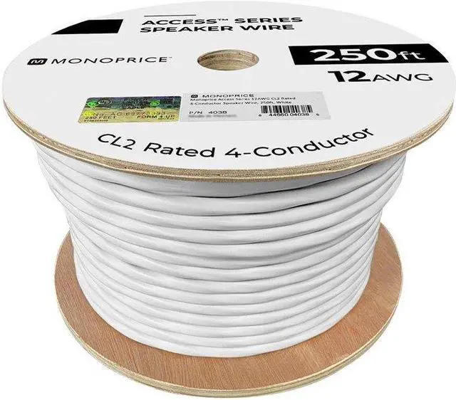 Alt view image 3 of 6 - Monoprice Access Series 12 Gauge AWG CL2 Rated 4 Conductor Speaker Wire / Cable - 250ft Fire Safety In Wall Rated, Jacketed In White PVC Material 99.9% Oxygen-Free Pure Bare Copper