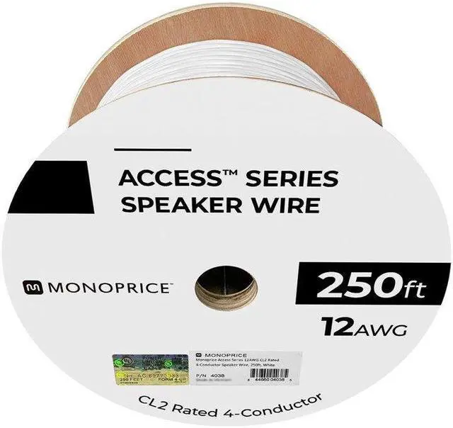 Alt view image 5 of 6 - Monoprice Access Series 12 Gauge AWG CL2 Rated 4 Conductor Speaker Wire / Cable - 250ft Fire Safety In Wall Rated, Jacketed In White PVC Material 99.9% Oxygen-Free Pure Bare Copper