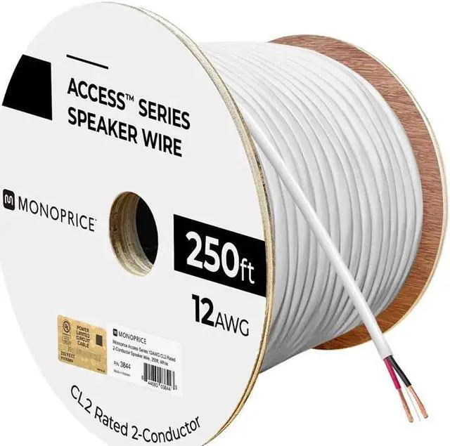Alt view image 4 of 7 - Monoprice Access Series 12 Gauge AWG CL2 Rated 2 Conductor Speaker Wire / Cable - 250ft Fire Safety In Wall Rated, Jacketed In White PVC Material 99.9% Oxygen-Free Pure Bare Copper