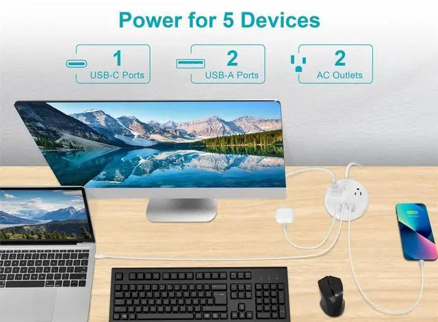 Alt view image 6 of 6 - Monoprice USB-C Power Strip, 2 Outlets and 57W 3 USB with 5-Foot Extension Cord, Compact Travel Size, for MacBook Pro, iPad Pro, iPhone, and Galaxy