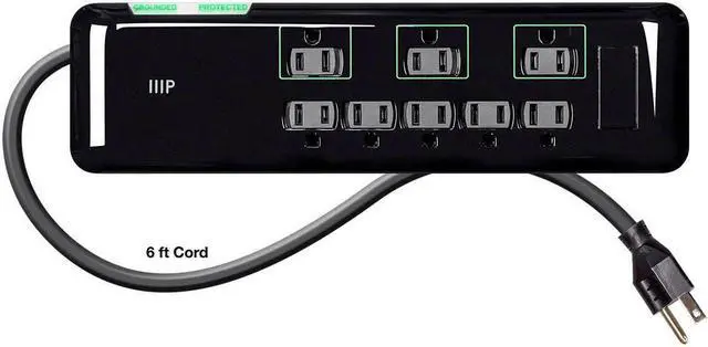 Alt view image 3 of 5 - Monoprice 8 Outlet Mini Surge Protector - 6 Feet - Black | Heavy Duty Cord | UL Rated 3,420 Joules With Grounded And Protected Light Indicator