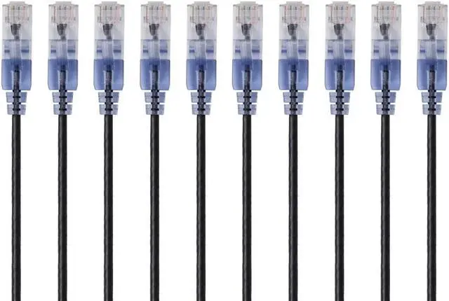 Main image of Monoprice SlimRun Cat6A Ethernet Patch Cable - Network Internet Cord - RJ45, 550Mhz, UTP, Pure Bare Copper Wire, 10G, 30AWG, 3ft, Black, 10-Pack