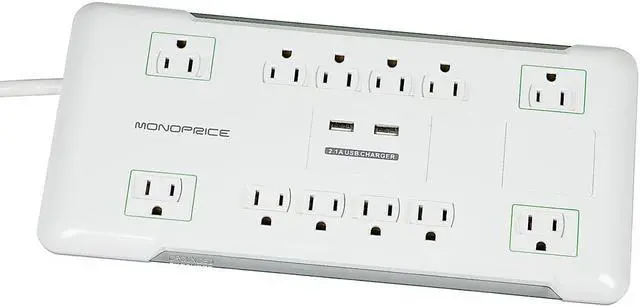 Main image of Monoprice 12 Outlet Power Surge Protector with 2 Built-In USB Charger Ports - 4320 Joules, 6ft Cord