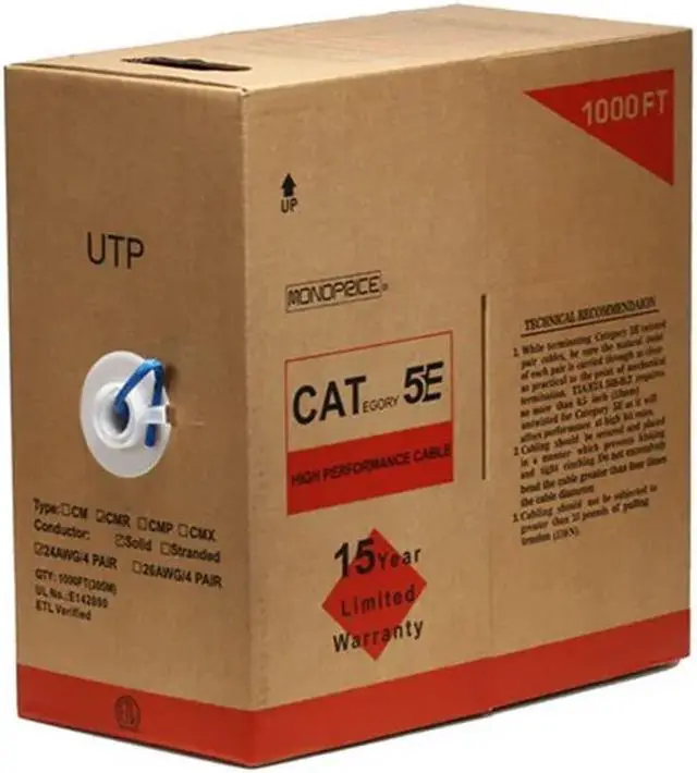 Alt view image 6 of 8 - Monoprice Cat5e Ethernet Bulk Cable - Network Internet Cord - Solid, 350Mhz, UTP, CMR, Riser Rated,  Pure Bare Copper Wire, 24AWG, 1000ft, Blue