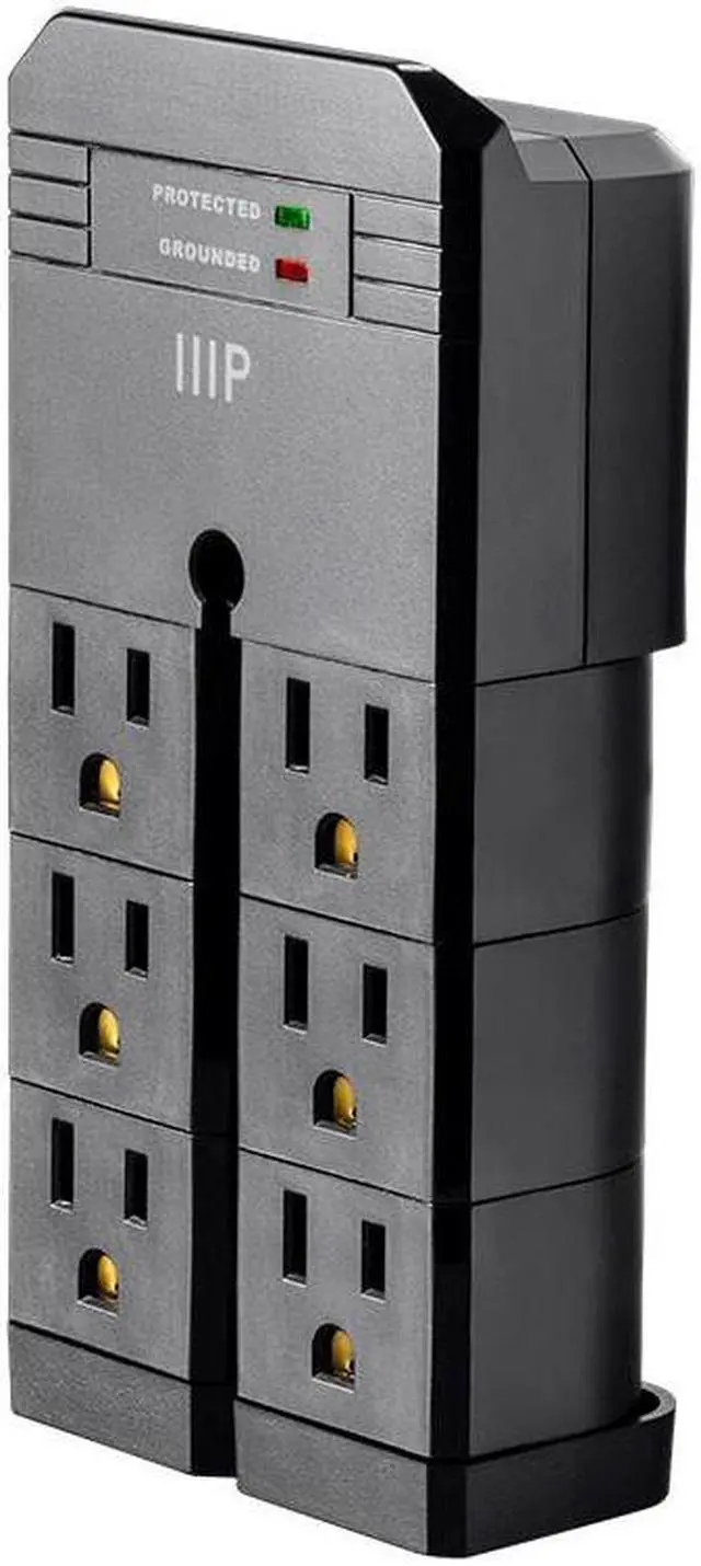 Main image of Monoprice 6 Outlet Rotating Power Surge Protector Wall Tap - Black | UL Rated 2,160 Joules With Grounded And Protected Light Indicator