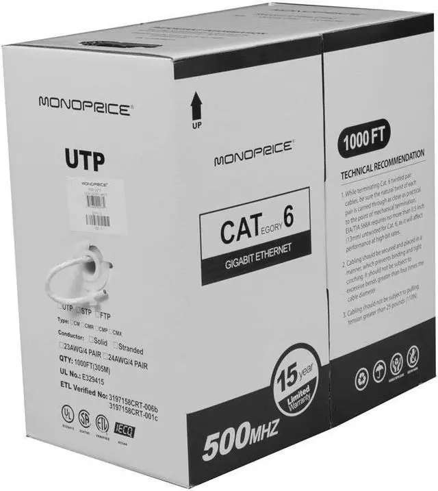 Alt view image 2 of 12 - Monoprice Cat6 Ethernet Bulk Cable - 1000 Feet - White | Network Internet Cord - Stranded, 550Mhz, UTP, Pure Bare Copper Wire, 24AWG