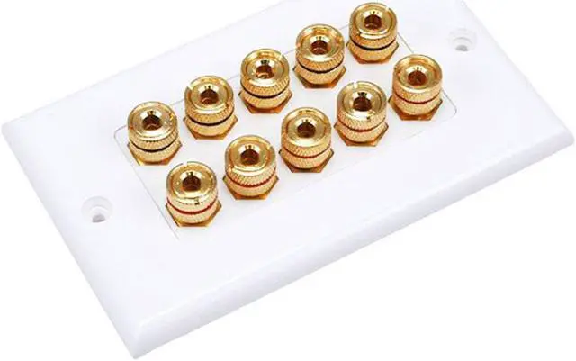 Main image of Monoprice High Quality Banana Binding Post Two-Piece Inset Wall Plate  White  Coupler Type For 5 Speakers