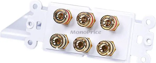 Alt view image 3 of 6 - Monoprice High Quality Banana Binding Post Two-Piece Inset Wall Plate - White - Coupler Type For 3 Speakers