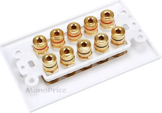 Alt view image 2 of 3 - Monoprice High Quality Banana Binding Post Two-Piece Inset Wall Plate  White  Coupler Type For 5 Speakers