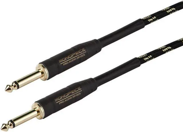 Main image of Monoprice Braided Cloth 1/4 Inch (TS) Male 20AWG Instrument Cable Cord - 15 Feet- Black (Gold Plated)