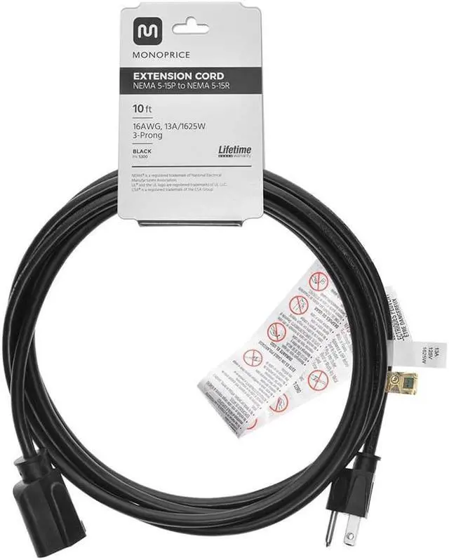 Alt view image 2 of 17 - Monoprice 3-Prong Extension Cord - 10 Feet - Black | NEMA 5-15P to NEMA 5-15R, 16AWG, 13A