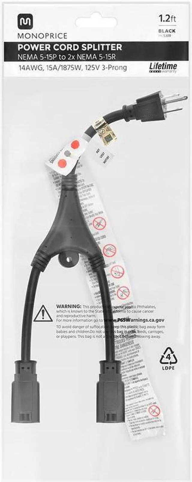 Alt view image 2 of 14 - Monoprice 14inch 14AWG Power Cord Splitter Cable, 15A (NEMA 5-15P to 2x NEMA 5-15R)