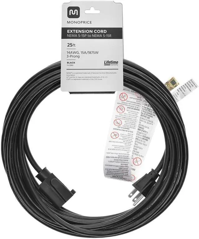 Alt view image 4 of 14 - Monoprice 25ft 14AWG Power Extension Cord Cable, 15A (NEMA 5-15P to NEMA 5-15R)