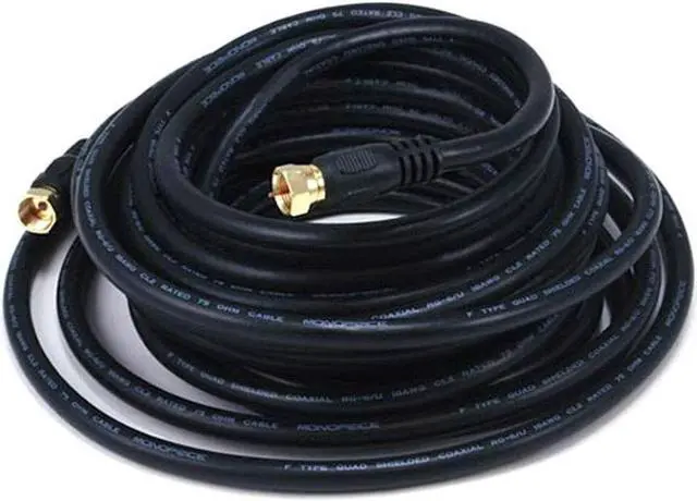 Main image of Monoprice 25ft RG6 (18AWG) 75Ohm, Quad Shield, CL2 Coaxial Cable with F Type Connector - Black