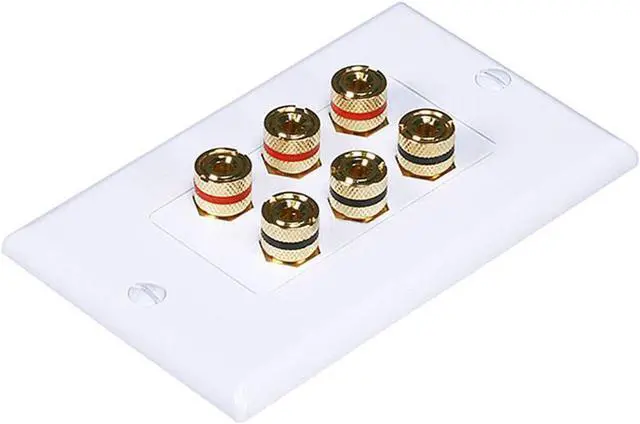Main image of Monoprice High Quality Banana Binding Post Two-Piece Inset Wall Plate - White - Coupler Type For 3 Speakers