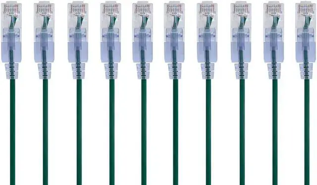 Main image of Monoprice SlimRun Cat6A Ethernet Patch Cable - Network Internet Cord - RJ45, Stranded, UTP, Pure Bare Copper Wire, 30AWG, 2ft, Green, 10-Pack