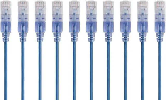 Main image of Monoprice SlimRun Cat6A Ethernet Patch Cable - Network Internet Cord - RJ45, Stranded, UTP, Pure Bare Copper Wire, 30AWG, 2ft, Blue, 10-Pack