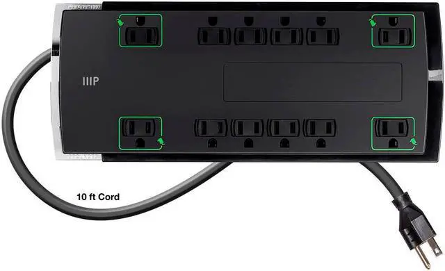Alt view image 3 of 14 - Monoprice 12 Outlet Slim Surge Protector Power Strip - 10 Feet - Black | Heavy Duty Cord | UL Rated, 4,230 Joules With Grounded And Protected Light Indicator