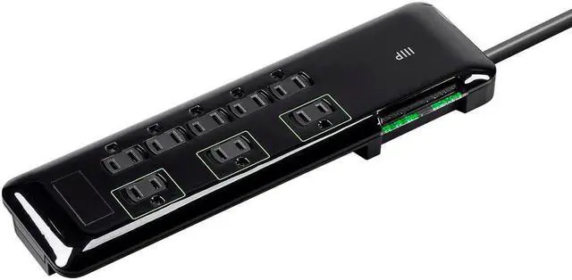 Main image of Monoprice 8 Outlet Mini Surge Protector - 6 Feet - Black | Heavy Duty Cord | UL Rated 3,420 Joules With Grounded And Protected Light Indicator