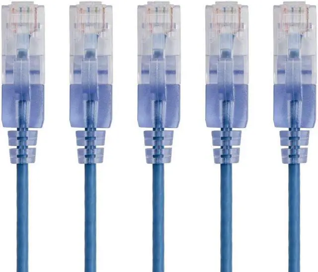 Main image of Monoprice SlimRun Cat6A Ethernet Patch Cable - Network Internet Cord - RJ45, Stranded, UTP, Pure Bare Copper Wire, 30AWG, 6in, Blue, 5-Pack