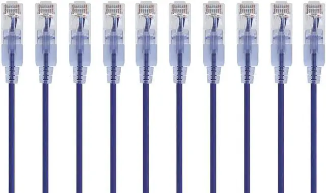 Main image of Monoprice SlimRun Cat6A Ethernet Patch Cable - Network Internet Cord - RJ45, Stranded, UTP, Pure Bare Copper Wire, 30AWG, 2ft, Purple, 10-Pack