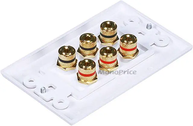 Alt view image 2 of 6 - Monoprice High Quality Banana Binding Post Two-Piece Inset Wall Plate - White - Coupler Type For 3 Speakers