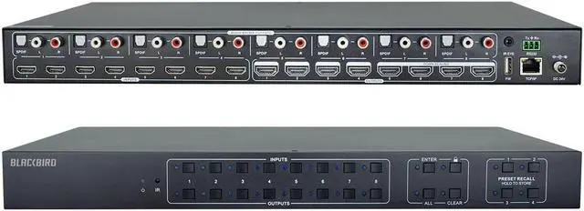 Main image of Monoprice Blackbird 4K 8x8 HDMI Matrix Switch with HDMI 2.0, Supports HDR, 18Gbps, 4K@60Hz YCbCr 4:4:4, 8 S/PDIF Outputs, HDCP 2.2