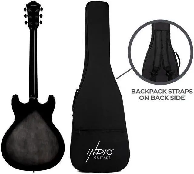 Alt view image 6 of 6 - Monoprice Indio Boardwalk Flamed Maple Hollow Body Electric Guitar - Charcoal, With Gig Bag