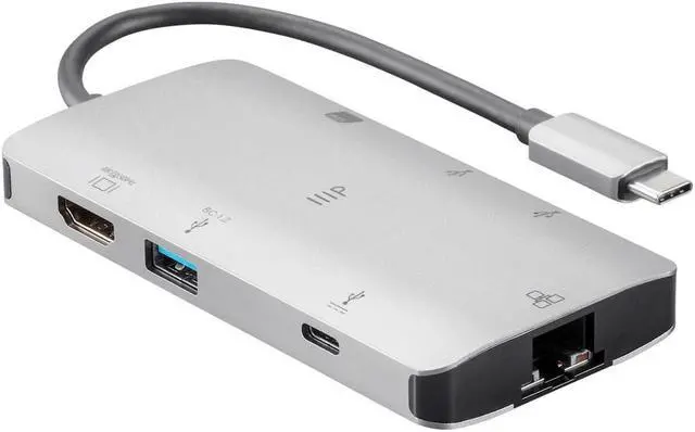 Alt view image 2 of 13 - Monoprice USB-C To HDMI Adapter - Aluminum Body With Gigabit Ethernet, 3-Port USB 3.0, SD/MicroSD Reader, USB-C 100W, Power Delivery 3.0 Ports