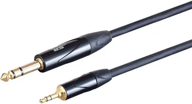 Main image of Monoprice1/4in TRS Male Connector to 1/8in TRS Male Connector - 6 Feet - Black, Heavy Gauge 24AWG On Tour Cables, Gold Plated Connectors - Stage Right Series