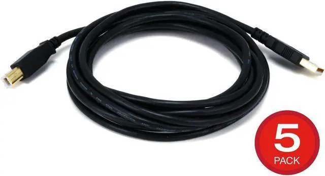 Main image of Monoprice USB Type-A to USB Type-B 2.0 Cable - 10 Feet - Black (5 Pack) 28/24AWG, Gold Plated Connectors, For Printers, Scanners, and other Peripherals