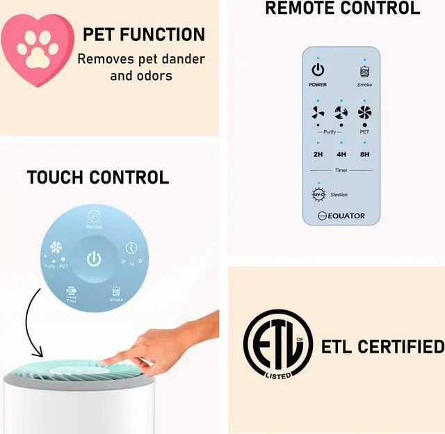 Alt view image 5 of 7 - Equator HEPA Air Purifier/Sterilizer PET Option ION Smoke Remover 269sf 110V