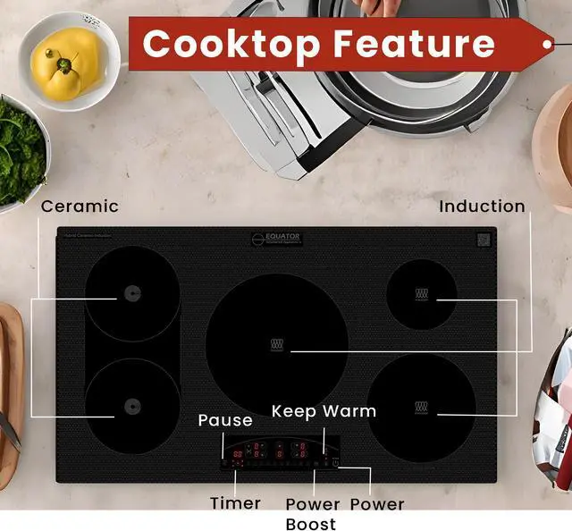 Alt view image 5 of 7 - Equator Design 36" Electric Any Cookware Compatible Induction+Ceramic 5 Burner Cooktop 220V