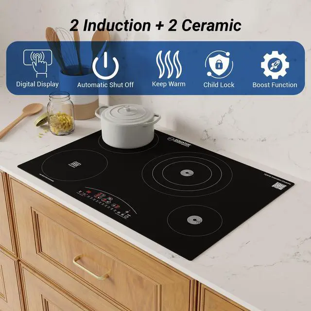Alt view image 6 of 7 - Equator 30" Electric Any Cookware Compatible Induction+Ceramic 4 Burner Cooktop 9 Power 220V