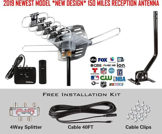 Alt view image 7 of 7 - FiveStar Outdoor Antenna Up to 150 Mile Long Range for smart TV and old TV, 360 Degree Rotation Antenna, UHF/VHF/FM Radio with Infrared Remote Control Advanced Design Plus Installation Kit and J-Pole