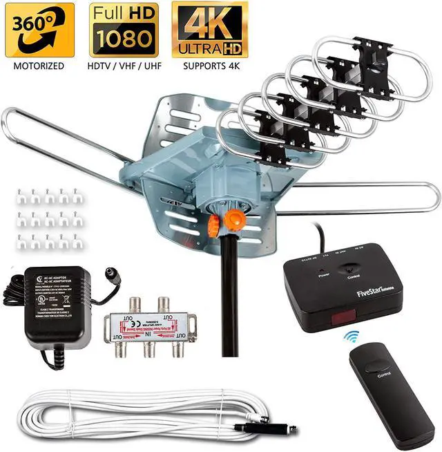 Main image of Five Star 150 Miles Range Amplified Digital Outdoor HDTV Antenna for smart TV and old TV, 360 Degree Rotation Wireless Remote, with 40FT RG6 Coax Cable Installation Kit Supports 5 TVs